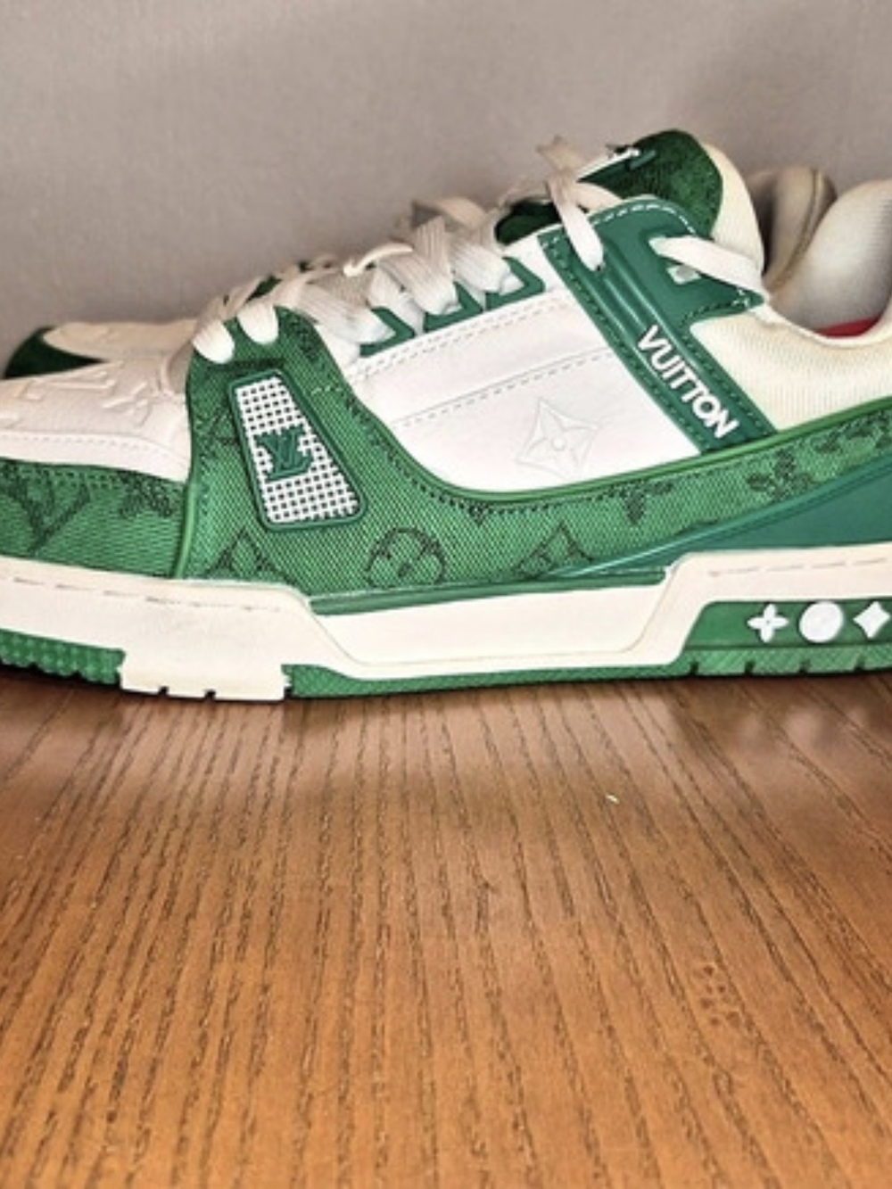 Louis Vuitton Trainer Green Monogram Denim White Sneakers